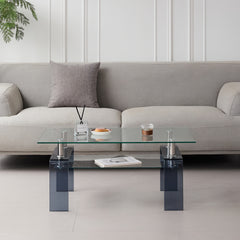 Tempered Glass Coffee Table, Modern Glass Coffee Table for Living Room, 2-Tier Storage Center Coffee Table with Smoke Legs