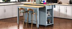 K&K 47 inch Kitchen Island with Extendable Dining Table, Rubber Wood Veneer Kitchen Table with Internal Storage Rack, Power Outlet, Kitchen island with Storage 2 Drawers 2 Cabinet,Grey Blue