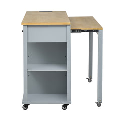 K&K 47 inch Kitchen Island with Extendable Dining Table, Rubber Wood Veneer Kitchen Table with Internal Storage Rack, Power Outlet, Kitchen island with Storage 2 Drawers 2 Cabinet,Grey Blue