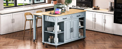 K&K 47 inch Kitchen Island with Extendable Dining Table, Rubber Wood Veneer Kitchen Table with Internal Storage Rack, Power Outlet, Kitchen island with Storage 2 Drawers 2 Cabinet,Grey Blue