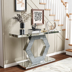 Sparkling Crystal Hexagon Mirror Entryway - Premium Modern Foyer Console Table with Diamond Glass Effects, Dual-Tier Luxury Sofa Table (55"L x14.17"W * 31.5''H)