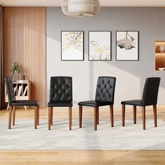 4-piece set of black PU dining chairs: ergonomically designed with a buckle backrest, 35 inches high, walnut metal legs, combining comfort and texture. Very suitable for family restaurants,hotel ,etc.