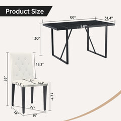 Black Faux Wood Grain MDF Dining Table Set.A minimalist retro rectangular dining table with a black textured top.4-pack white PU dining chairs: ergonomic buckle backrest.Exudes A Sense Of Fashion.
