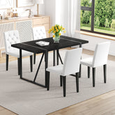 Black Faux Wood Grain MDF Dining Table Set.A minimalist retro rectangular dining table with a black textured top.4-pack white PU dining chairs: ergonomic buckle backrest.Exudes A Sense Of Fashion.