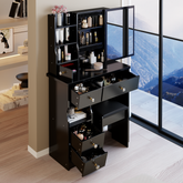 29.2 inch Small Space Left Drawer Desktop Vanity Table + Cushioned Stool, Extra Large Right sliding mirror, Multi Layer High Capacity Storage, Practical Fashionable Dresser, EPA, GCC, UL Certificate