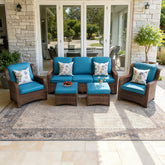 Patio Furniture Set Rattan Outdoor Sectional Conversation Sets 3-Seat Outdoor Couch,2 Single Chair and 2 Ottoman for Lawn, Balcony, Garden, Backyard (Bron-Peacock Blue, Set of 5)