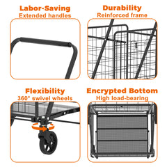 Extra Large Shopping Cart,Grocery Cart on Wheels, Foldable Utility Shopping Carts with Double Basket and 360° Rolling Swivel Wheels for Groceries Laundry