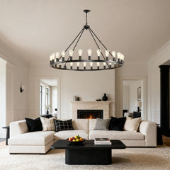 53.15 Inch Black Extra Large Wagon Wheel Chandelier, 28-Lights Farmhouse Industrial Round High Ceiling Pendant Light Adjustable Chain, for Dining Room, Living Room-E26