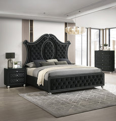1pc Traditional Glam 5-Drawer Chest Velvet Tufted Drawer Front Faux Crystal Drawer Knobs Black