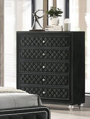 1pc Traditional Glam 5-Drawer Chest Velvet Tufted Drawer Front Faux Crystal Drawer Knobs Black