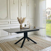 Modern Rectangular Dining Table with Light Gray Painted MDF Top and Sturdy Geometric Metal Legs, Contemporary Kitchen Table for Dining Room, Office or Small Spaces (Light Gray Marble, 1 Table)