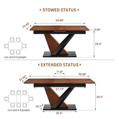 Modern Dining Table with MDF + Solid Wood Veneer Tabletop, Natural Texture, Scratch-Resistant, Cross Geometric Metal Legs for Contemporary Kitchen & Dining Room (Dark Walnut, 1 Table)