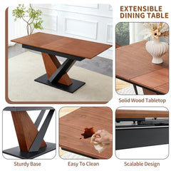 Modern Dining Table with MDF + Solid Wood Veneer Tabletop, Natural Texture, Scratch-Resistant, Cross Geometric Metal Legs for Contemporary Kitchen & Dining Room (Dark Walnut, 1 Table)