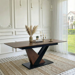 Modern Dining Table with MDF + Solid Wood Veneer Tabletop, Natural Texture, Scratch-Resistant, Cross Geometric Metal Legs for Contemporary Kitchen & Dining Room (Dark Walnut, 1 Table)