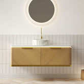DIPA 48" Bathroom Vanity & Sink, Floating Plywood Storage Cabinet with 2 Drawers, Sensor Light, Stone Pattern White Ceramic Vessel Basin&Sintered Stone Top, Pre-assembled, Corolla Oak Woodgrain Color