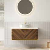 DIPA 36" Bathroom Vanity&Sink, Floating Plywood Storage Cabinet with Sensor Light, Drawer, Stone Pattern White Round Ceramic Vessel Basin&Sintered Stone Top, Pre-assembled, Dark Walnut Woodgrain Color