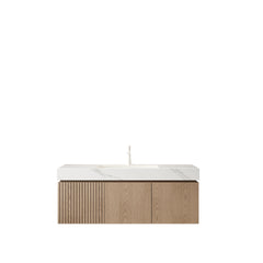 MURI 48" Bathroom Vanity&Sink, Floating Plywood Storage Cabinet with Drawer&Doors, Carrara White Sintered Stone Top&Ceramic Basin with 1 Pre-drilled Faucet Hole, Pre-assembled, Heidelberg Woodgrain