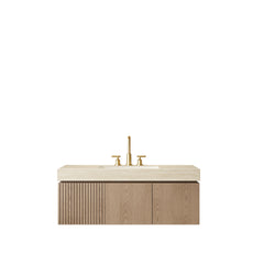 MURI 48" Bathroom Vanity&Sink, Floating Plywood Storage Cabinet with Drawer&Doors, Roma Travertine Sintered Stone Top&Ceramic Basin with 3 Pre-drilled Faucet Holes, Pre-assembled, Heidelberg Woodgrain