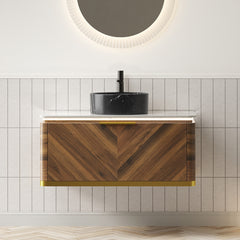 DIPA 36" Bathroom Vanity&Sink, Floating Plywood Storage Cabinet with Sensor Light, Drawer, Stone Pattern Black Round Ceramic Vessel Basin&Sintered Stone Top, Pre-assembled, Dark Walnut Woodgrain Color