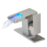 Bathroom Sink Faucet LED Light 3 Colors Changing Waterfall Glass Spout Hot Cold Water Mixer Single Handle One Hole Deck Mounted Bathroom Faucet