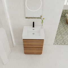 24" Bathroom Vanities with Single Sink Combo, Modern Undermount Bathroom Sink Cabinet with Double drawer, Freestanding Bathroom Sink Cabinet,Engineering wood,Brown