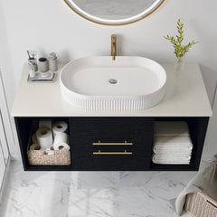 Modern 40-In Wall-Mounted Bathroom Vanity with Oval Ceramic Sink Floating Vanity Multi-Layer Solid Wood Cabinet Soft-Close Drawers Open Shelf Storage