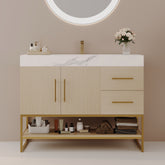 36" Modern Bathroom Vanity with Seamless Ceramic Sink & Gold Accent Free Standing Cabinet