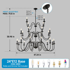 Farmhouse Chandelier, Black Metal Chandeliers Light Fixtures Industrial for High Ceiling Living Dining Room Foyer. Adjustable Height-E12
