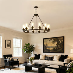 Black Wagon Wheel Chandelier 31.5 Inch Modern Farmhouse Glass Pendant Light 12-Light Ceiling Hanging Lighting Fixtures for Living Room Dining Room Kitchen Island Foyer--NO INCLUDED BULBS
