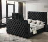 1pc Luxurious Queen Size Bed Deeply Tufted Headboard Nail Head Trim Upholstered Black Velvet Footboard Integrated Television Lift Mechanism Storage Furniture