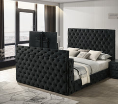 1pc Luxurious Queen Size Bed Deeply Tufted Headboard Nail Head Trim Upholstered Black Velvet Footboard Integrated Television Lift Mechanism Storage Furniture