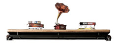 Industrial Style TV Console Bridge Pipe Inspired Frame Metal And Wood Structure Antique Black And Natural Tone Finish