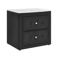 1pc Black Nightstand Upholstery Fabric Faux Marble Top Two Storage Drawers Wooden Bedroom Furniture