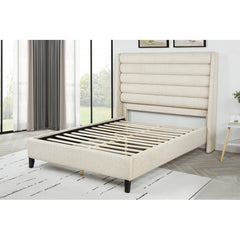 Upholstered Queen Platform Bed, Rolled Channel Tufted Headboard Modern Bedroom Bed Frame, Beige