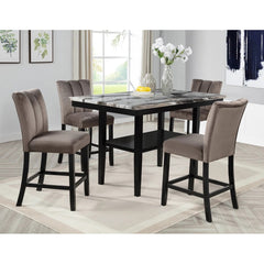 Modern 5 Piece Counter Dining Set, Marble Finish Wood Top Dining Table with Bottom Shelf and 4 Side Chair Set, Black/Brown