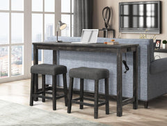 Transitional 3 Piece Counter Bar Dining Set Solid Wood Bar Table with Electric Outlet and 2 USB Ports, Counter Height Bar Stool Tufted Seating, Charcoal Black