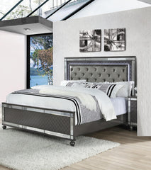 Modern Glam Style Upholstered Headboard Button Tufting Glass Inlay 1pc King Size Panel LED Lights Bed Gray Faux Leather Finish Solid Wood Wooden Bedroom Furniture