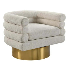 Modern Boucle Fabric Swivel Accent Chair, Unique Barrel Back Design, Gold Metal Base, Soft Upholstered Armchair, Cream