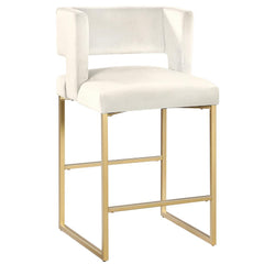 Modern Contemporary 27 Inch Counter Stool Set of 2 with Soft Padded Cream Velvet Upholstery, Gold Metal Legs, Kitchen Side Stool