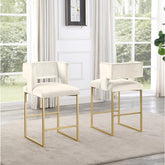Modern Contemporary 27 Inch Counter Stool Set of 2 with Soft Padded Cream Velvet Upholstery, Gold Metal Legs, Kitchen Side Stool