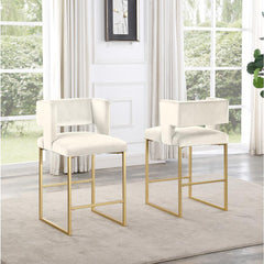Modern Contemporary 27 Inch Counter Stool Set of 2 with Soft Padded Cream Velvet Upholstery, Gold Metal Legs, Kitchen Side Stool