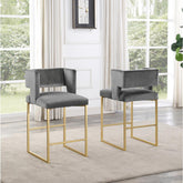 Modern Contemporary 27 Inch Counter Stool Set of 2 with Soft Padded Gray Velvet Upholstery, Gold Metal Legs, Kitchen Side Stool
