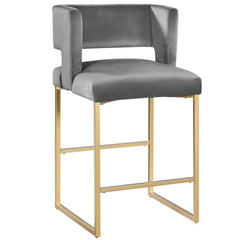 Modern Contemporary 27 Inch Counter Stool Set of 2 with Soft Padded Gray Velvet Upholstery, Gold Metal Legs, Kitchen Side Stool