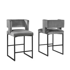 Modern Contemporary 27 Inch Counter Stool Set of 2 with Velvet Upholstery, Black Metal Legs, Kitchen Side Stool, Gray