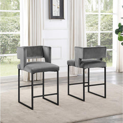 Modern Contemporary 27 Inch Counter Stool Set of 2 with Velvet Upholstery, Black Metal Legs, Kitchen Side Stool, Gray