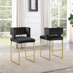 Modern Contemporary 27 Inch Counter Stool Set of 2 with Soft Padded Black Velvet Upholstery, Gold Metal Legs, Kitchen Side Stool