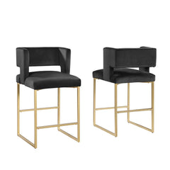 Modern Contemporary 27 Inch Counter Stool Set of 2 with Soft Padded Black Velvet Upholstery, Gold Metal Legs, Kitchen Side Stool