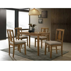 5 Piece Antique Natural Oak Wood Dining Set, Solid Wood Dining Table & 4 Side Chair with Cushion, Space Saving Dining Room Furniture, Brown