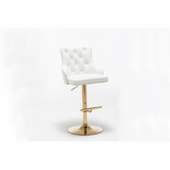 Adjustable Swivel Bar Stool (Set of 2) with Gold Base, Velvet Upholstered Kitchen Chair, Nailhead Trim and Tufted back, White