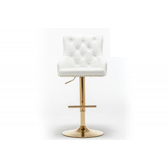 Adjustable Swivel Bar Stool (Set of 2) with Gold Base, Velvet Upholstered Kitchen Chair, Nailhead Trim and Tufted back, White